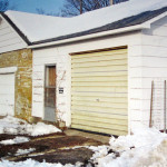 Gable facing, rectangular outbuilding, on alley behind 102 North River Park Drive, corner of North River Park Dr & China St, south & east facades prior to cladding garages with vinyl siding, Jefferson Township